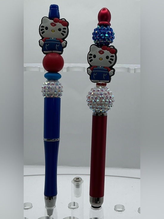 Handmade Other - PEN AND STLUS SET DECORATIVE BEADED HELLO KITTY RED AND BLUE OVERALLS